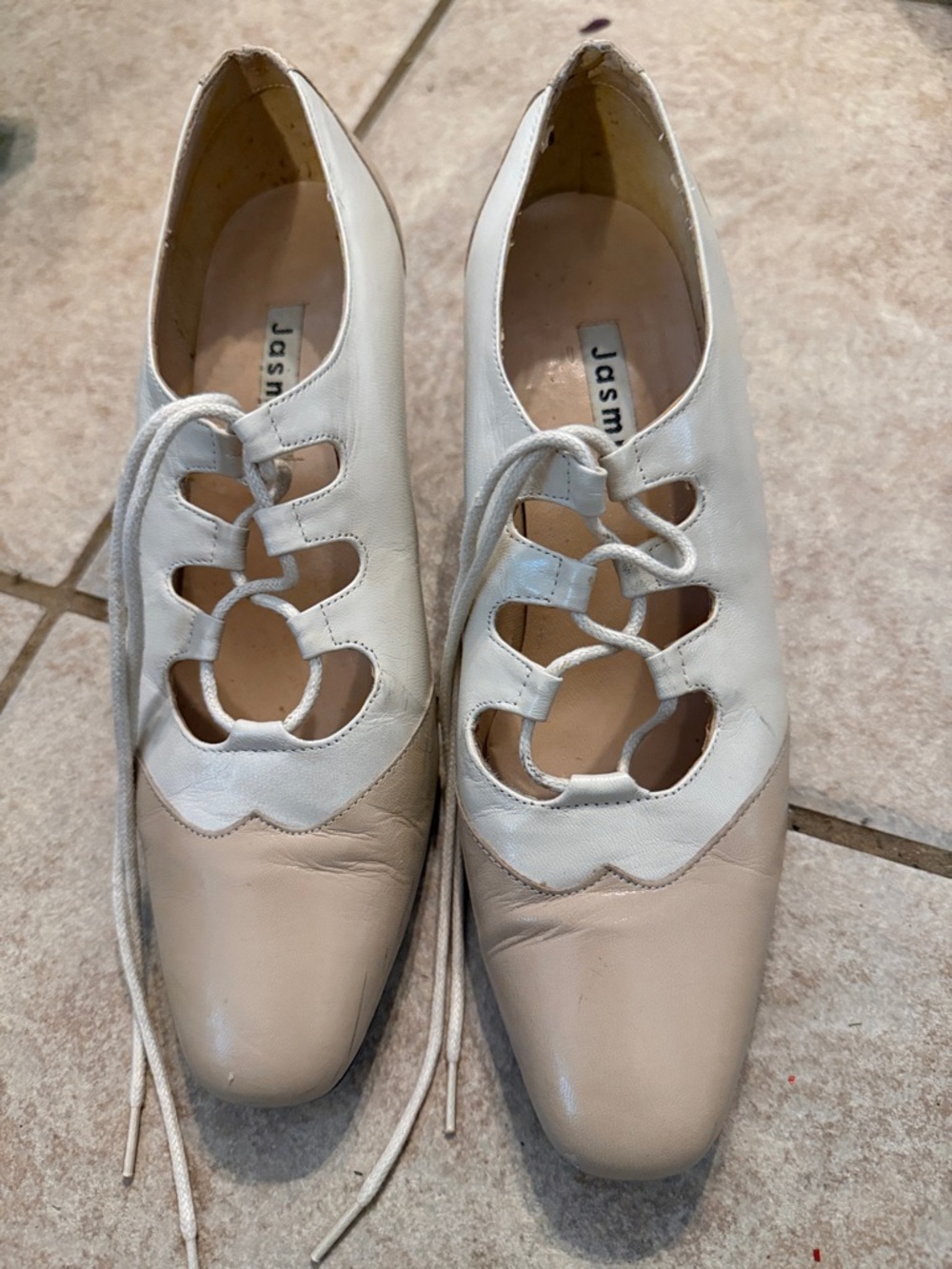 Jasmine White and Beige Lace-Up Cutout Flats